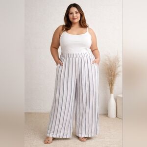 Nordstrom Linen Plus-Size White Wide-Leg Pants with Blue Vertical Stripes